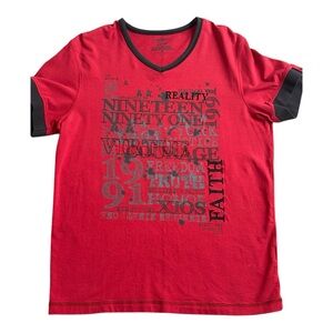 Bright Red Short Sleeve Tee with V-neck and Graphic Design - XIOS